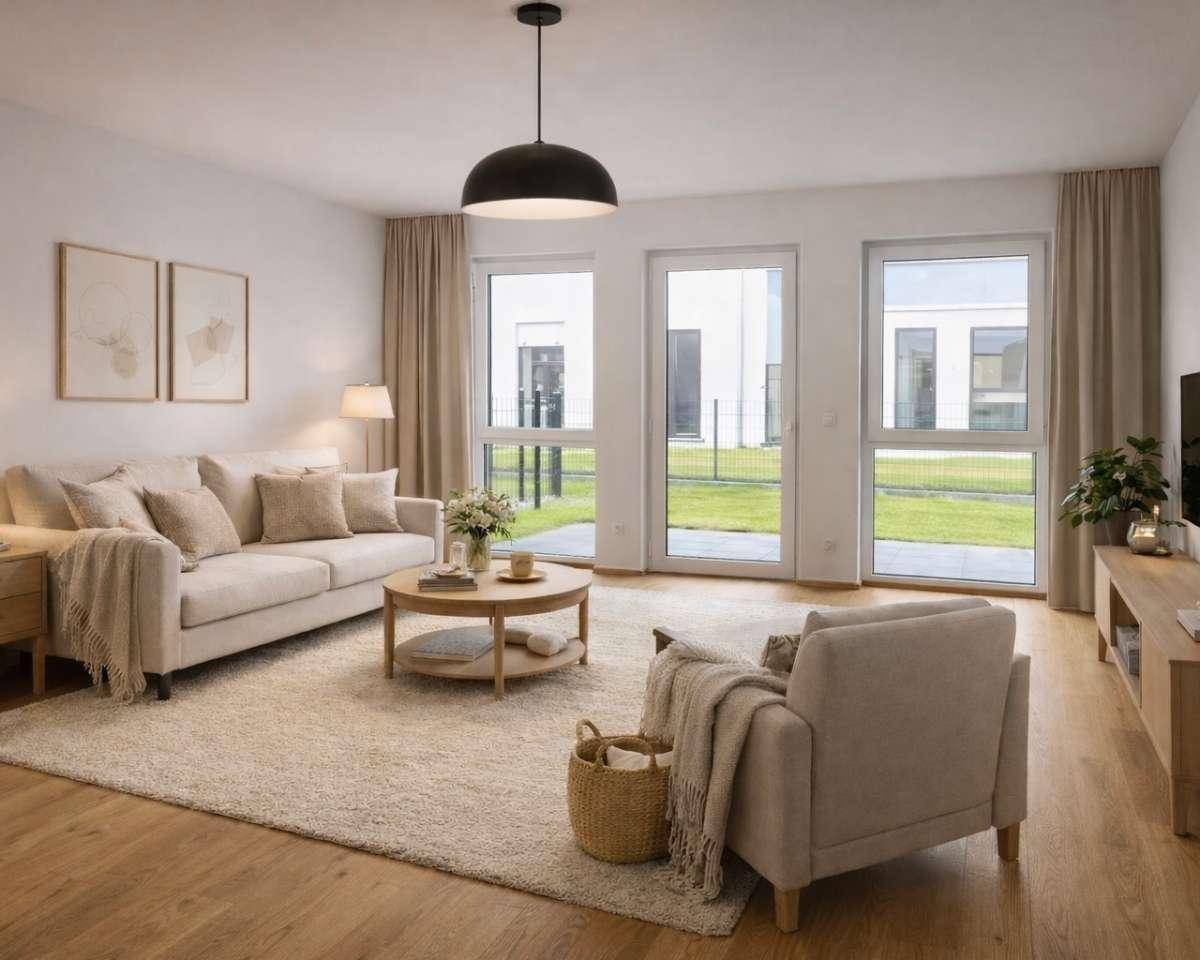 Gemütliches Wohnzimmer mit beigem Sofa, Teppich und Blick auf den grünen Garten.