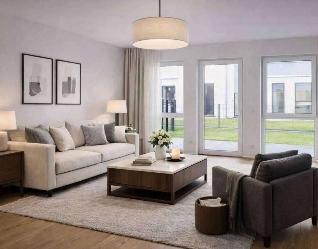 Stilvolles Wohnzimmer mit beigem Sofa, Couchtisch und Blick auf den Garten.