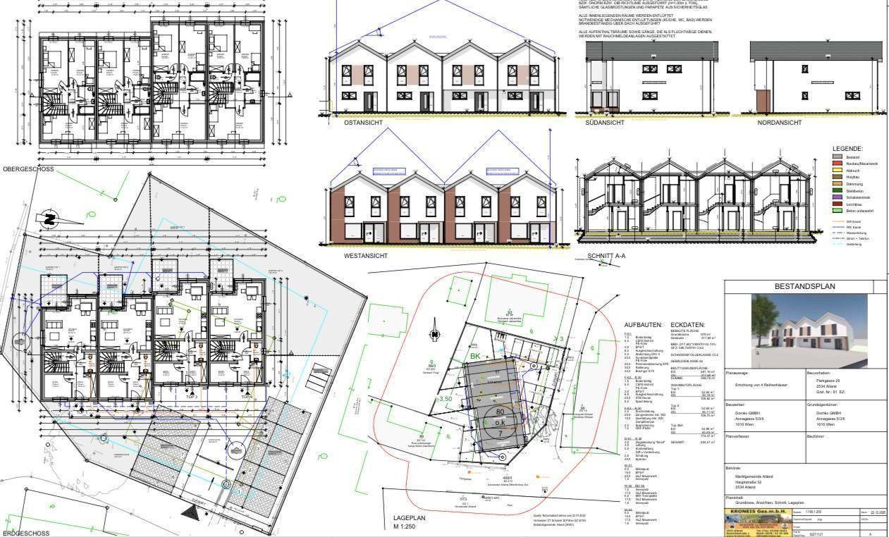Umfassende architektonische Pläne mit Grundrissen, Ansichten und einem Lageplan des Gebäudes.