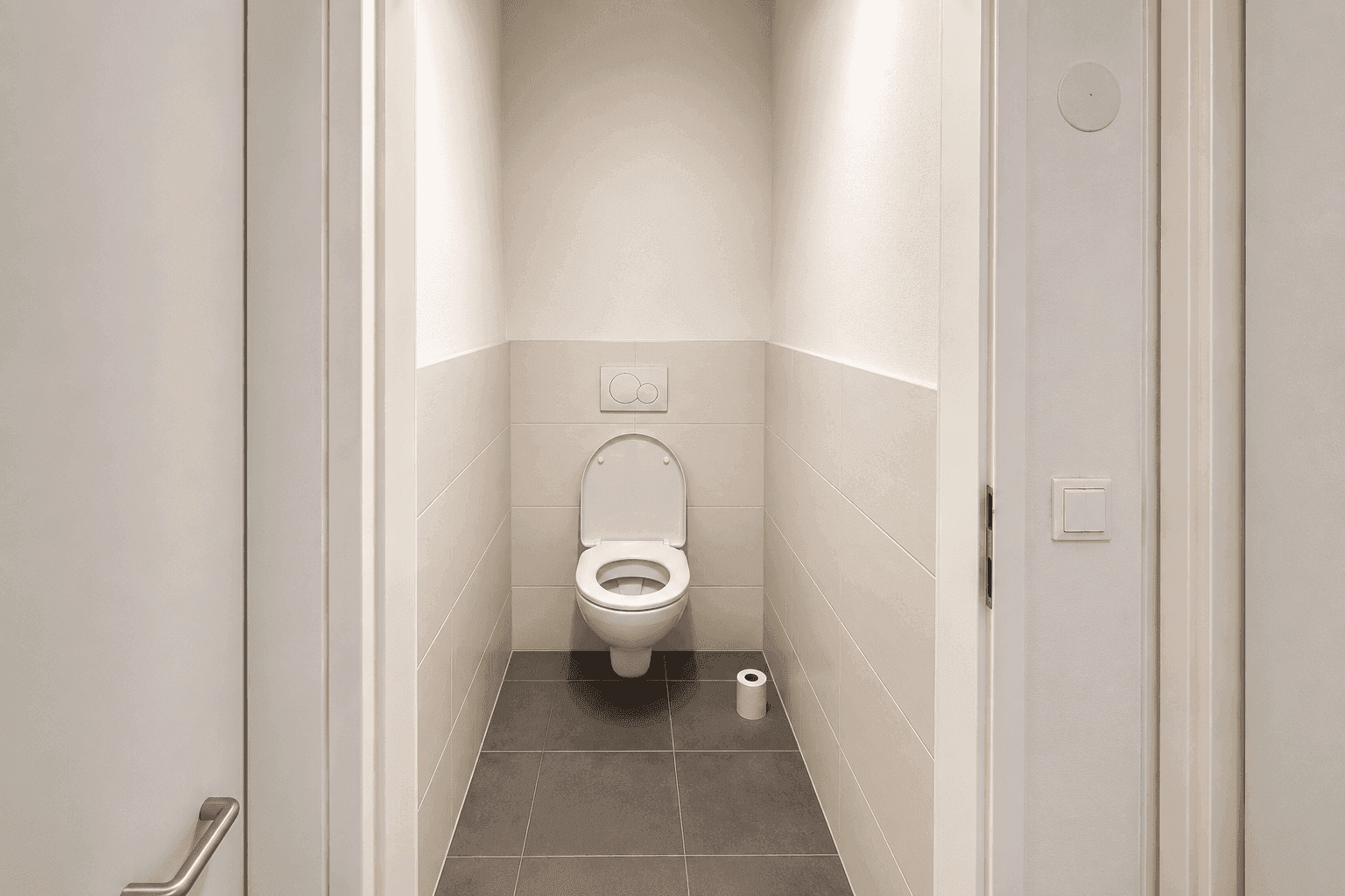 Separates Gäste-WC mit Wand-WC und halbhohen Fliesen in hellem Design.