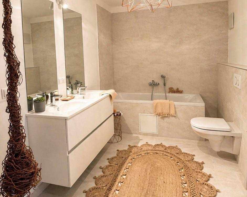 Elegantes Badezimmer mit Badewanne, Doppelwaschbecken und Wand-WC.