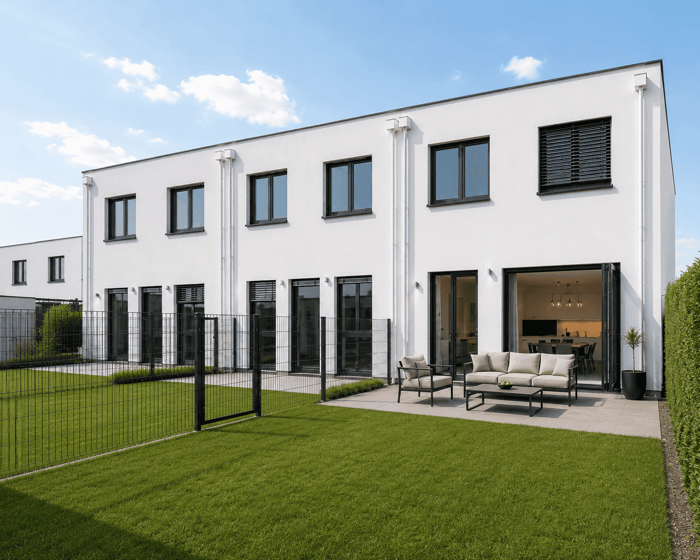 Moderne Reihenhäuser mit privaten Gärten und Terrassen, ideal für entspanntes Wohnen im Grünen.