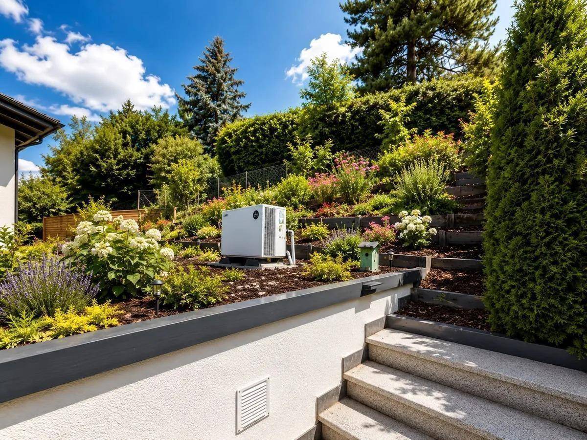 Gepflegter Garten mit üppiger, terrassierter Bepflanzung und einer funktionalen Außentreppe.