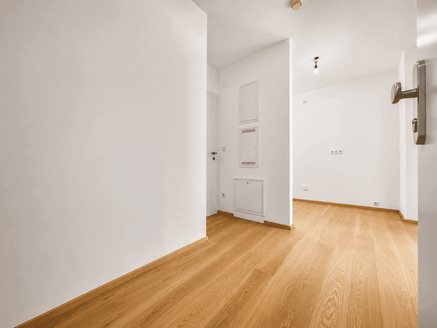 Leerer, heller Eingangsbereich mit Holzboden und weißen Wänden, bereit zur Einrichtung.