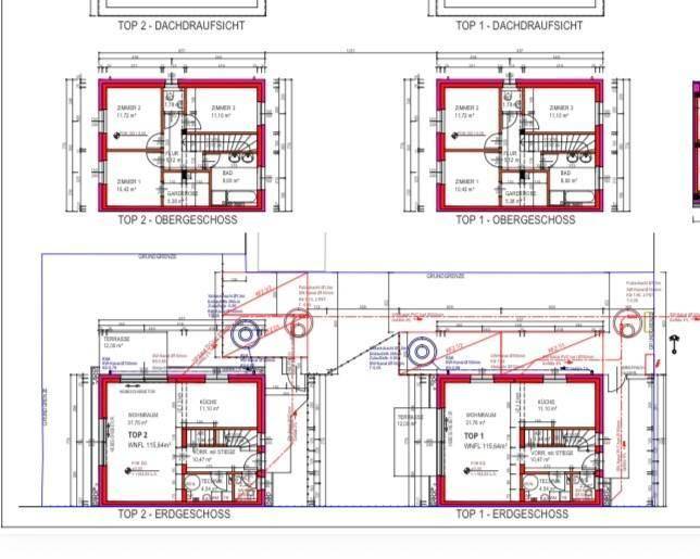 Detaillierter Grundriss für zwei Wohneinheiten mit Erd- und Obergeschoss.
