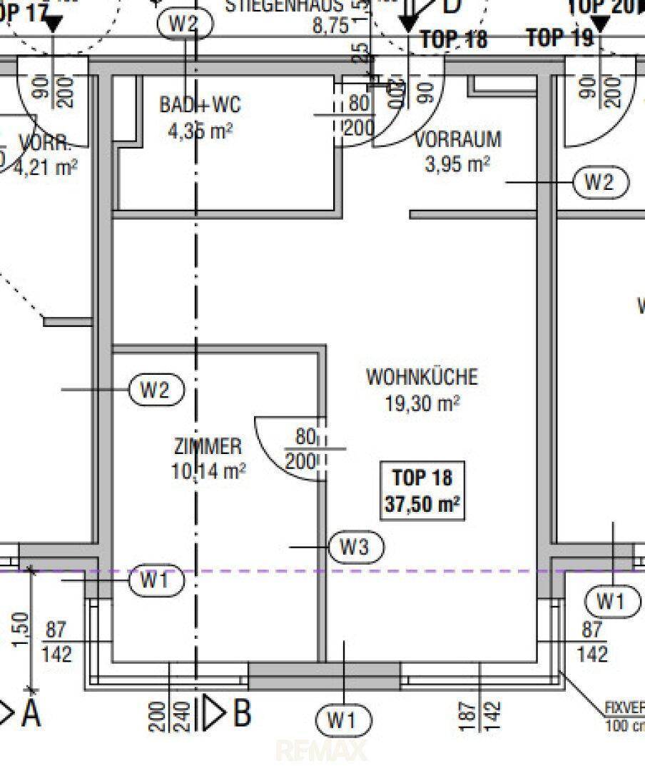 Grundriss einer Wohnung mit Wohnküche, einem Zimmer und einem Bad mit WC.