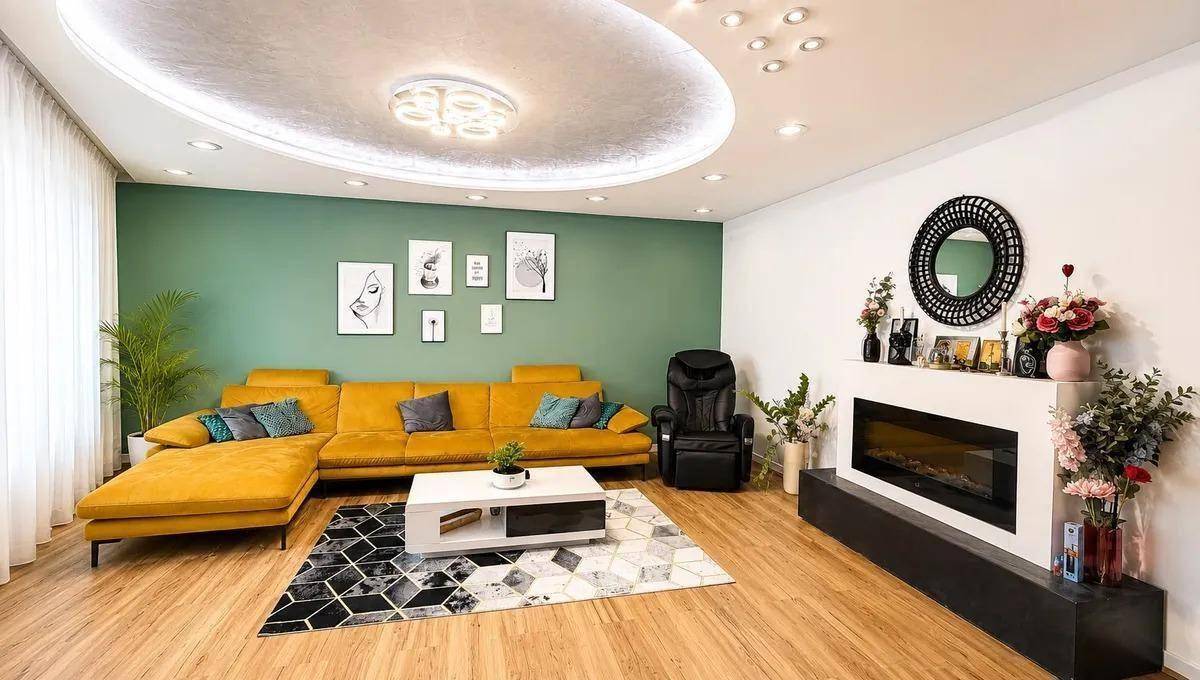 Helles Wohnzimmer mit gelbem Sofa, grün akzentuierter Wand und modernem Kamin.