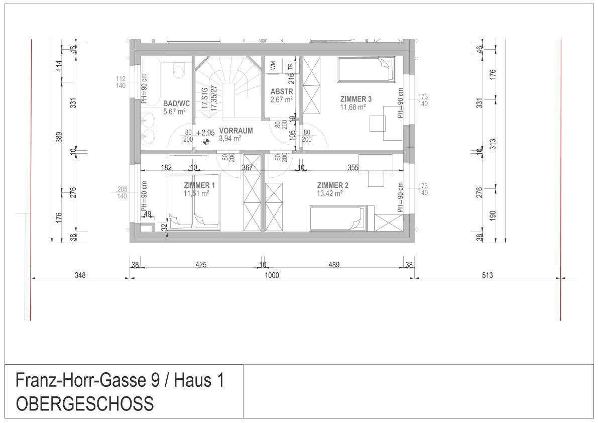 Grundriss des Obergeschosses von Haus 1 mit drei Schlafzimmern und Bad.