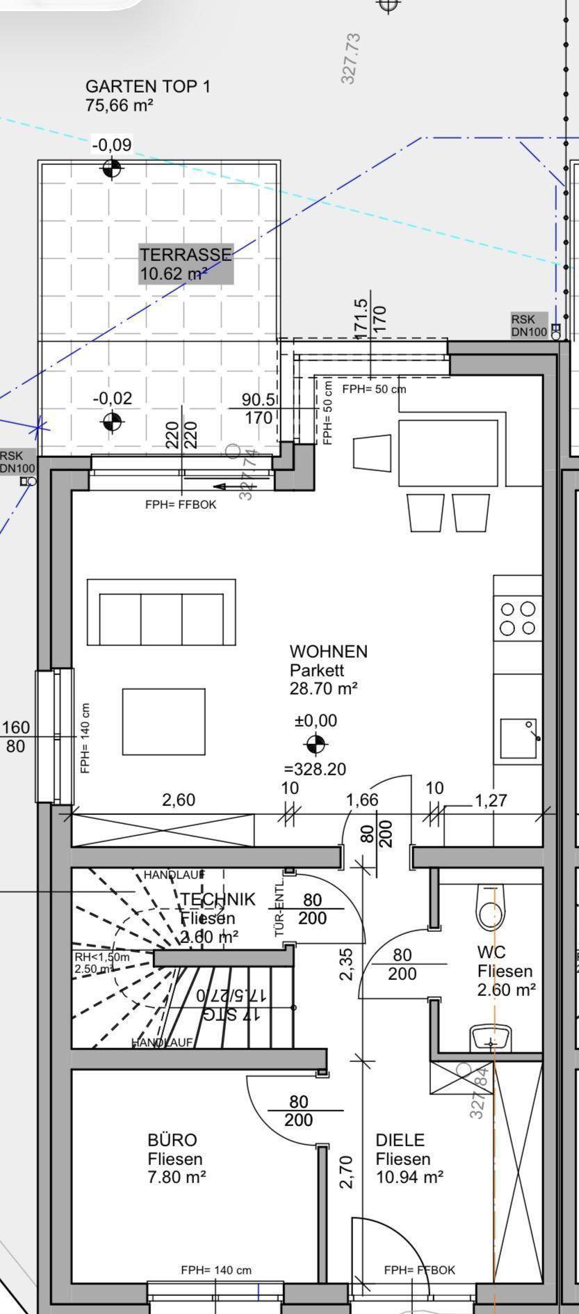 Grundriss für Gartenwohnung Top 1 mit offenem Wohnbereich, Terrasse und Garten.