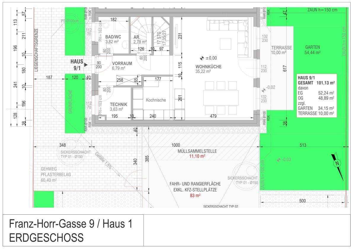 Detaillierter Grundriss des Erdgeschosses mit Wohnküche, Terrasse und Gartenbereich.