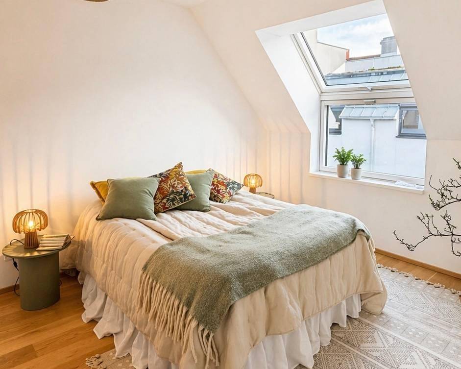 Helles Schlafzimmer im Dachgeschoss mit Holzboden, Dachfenster und gemütlicher Einrichtung.