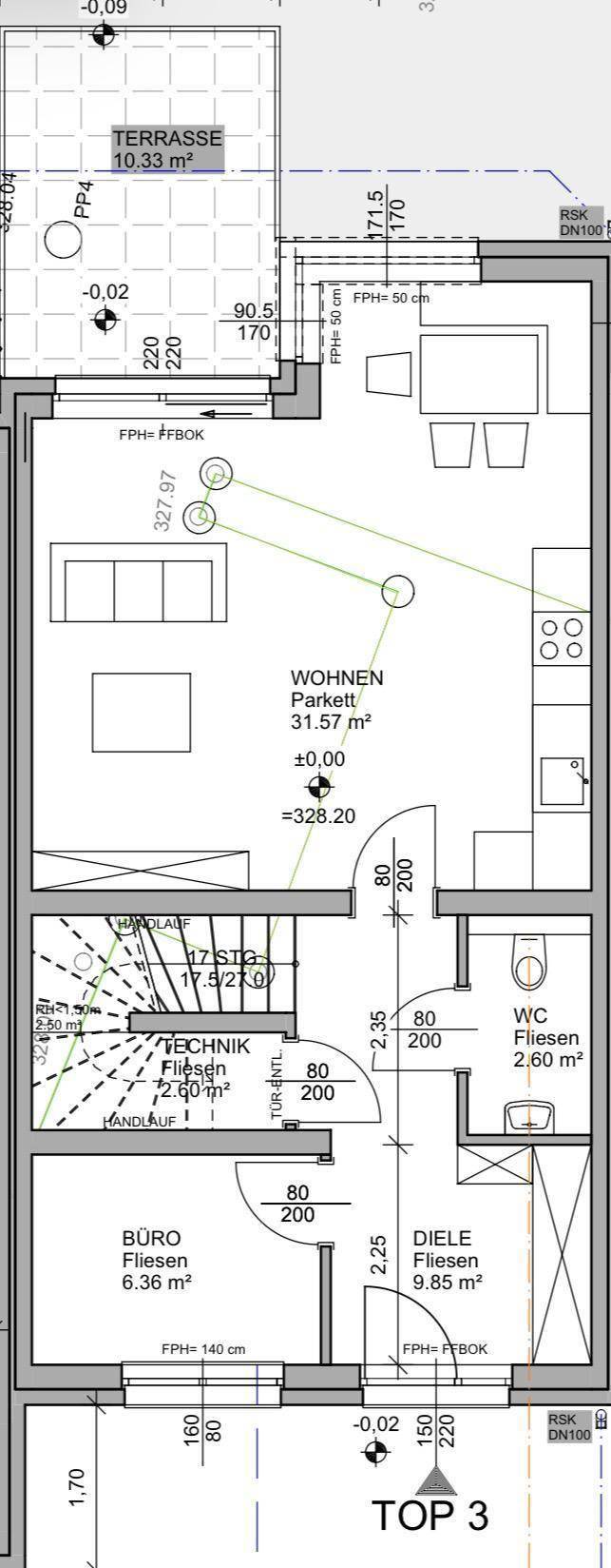 Grundriss für Wohnung Top 3 mit offenem Wohnbereich, Küche und Terrasse.