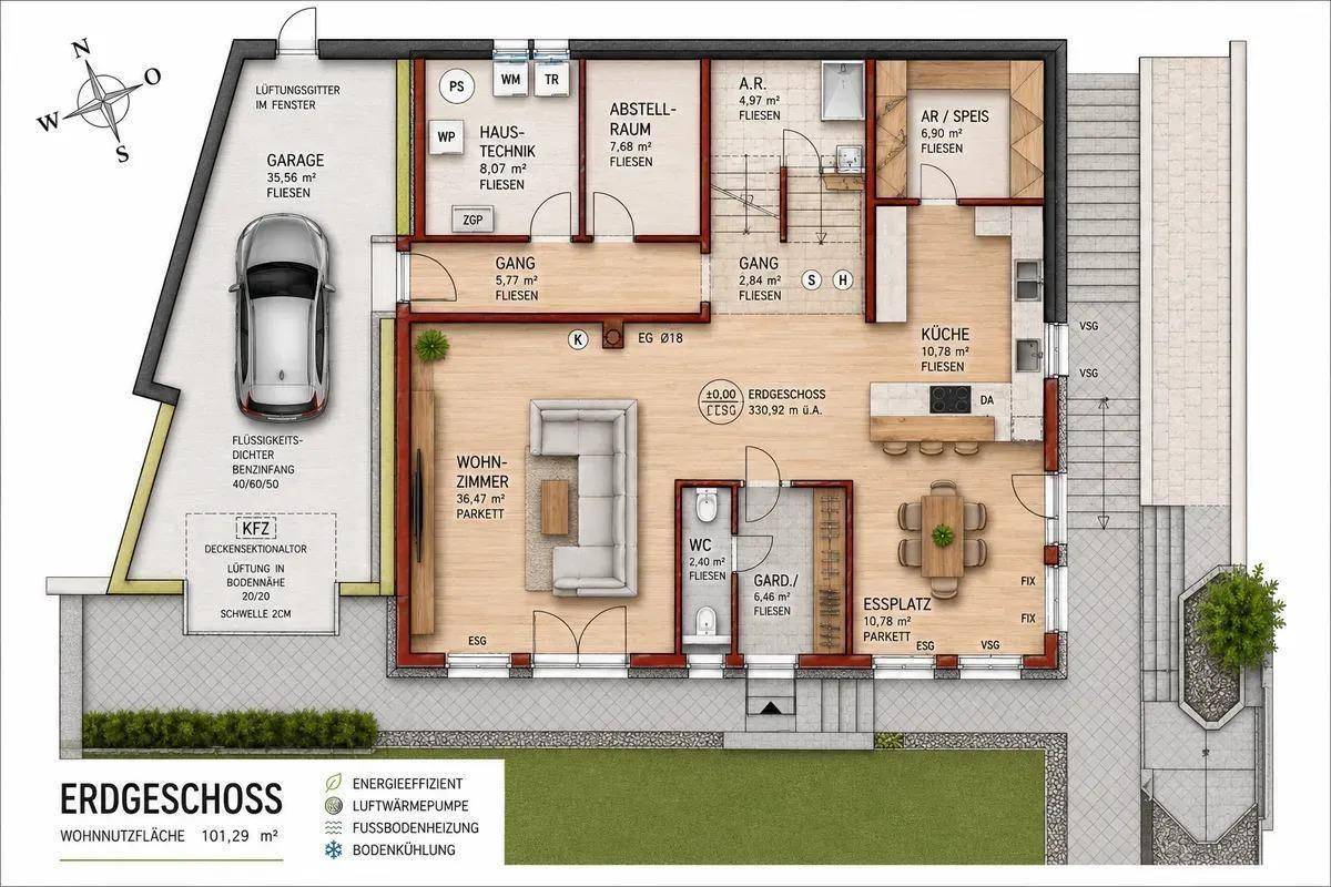 Grundriss des Erdgeschosses mit offener Küche, Wohnzimmer, Essplatz und integrierter Garage.