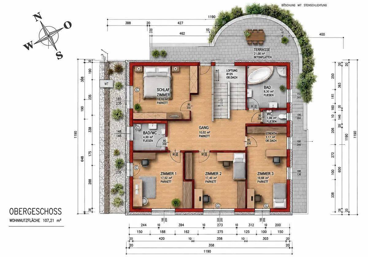 Grundriss des Obergeschosses mit drei Schlafzimmern, zwei Bädern und einer großen Dachterrasse.