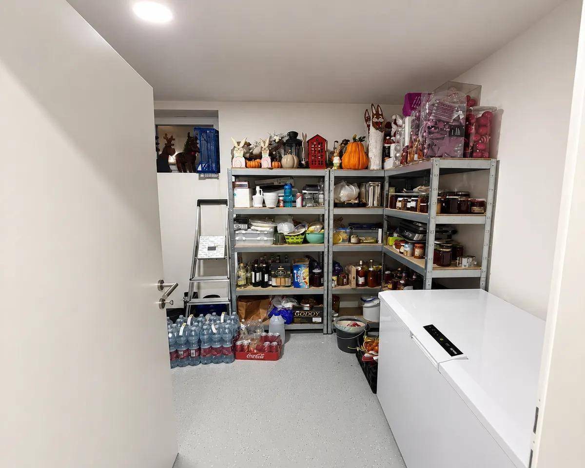 Praktischer Abstellraum mit robusten Regalen, vielfältigen Vorräten und einem großen Gefrierschrank.
