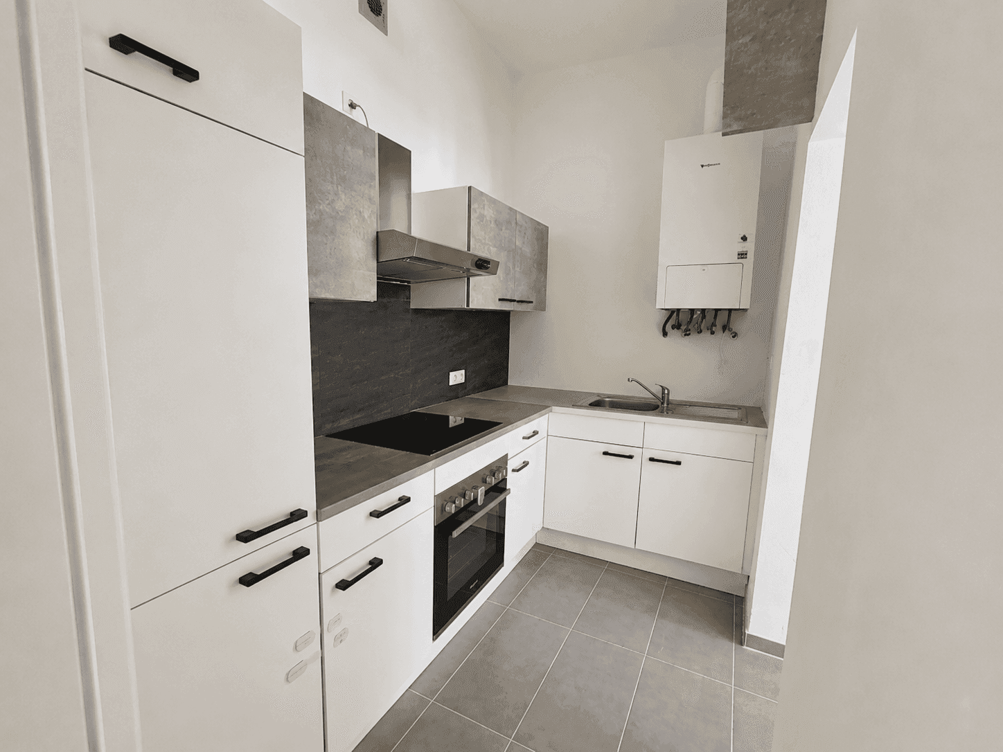 Moderne Einbauküche mit Induktionskochfeld, Backofen und sichtbarem Warmwasserbereiter.