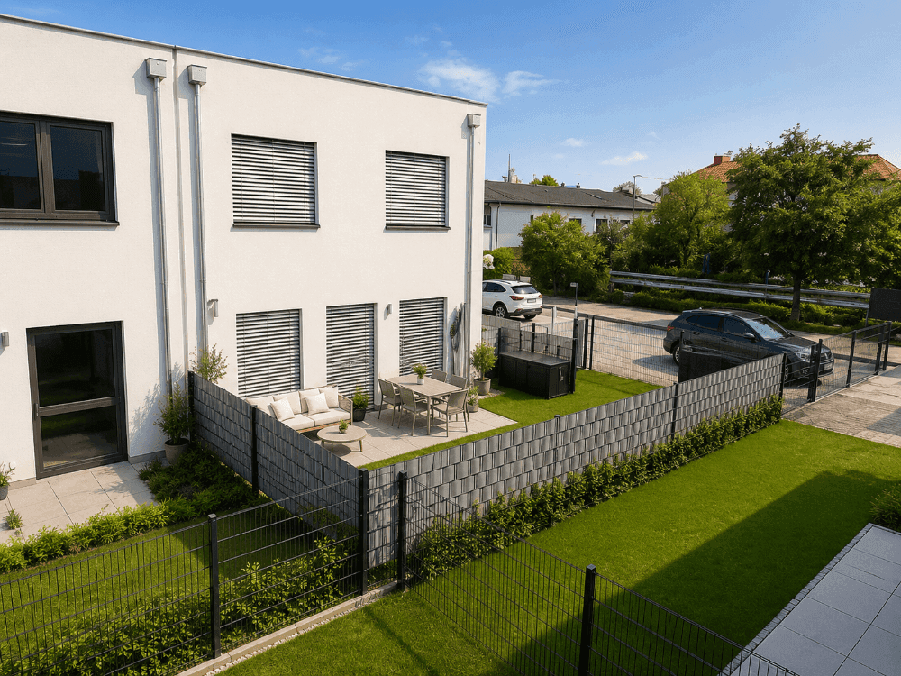Gepflegter Gartenbereich mit Terrasse, Sitzgelegenheiten und Hecke als Sichtschutz.