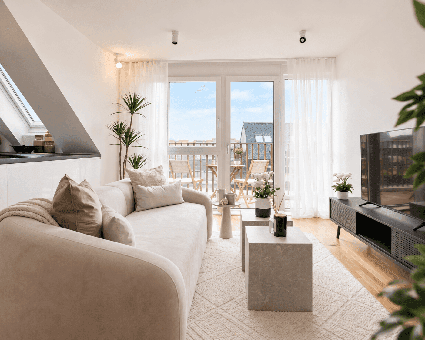 Gemütlicher Wohnbereich mit hellem Sofa, Teppich und direktem Zugang zum möblierten Balkon.