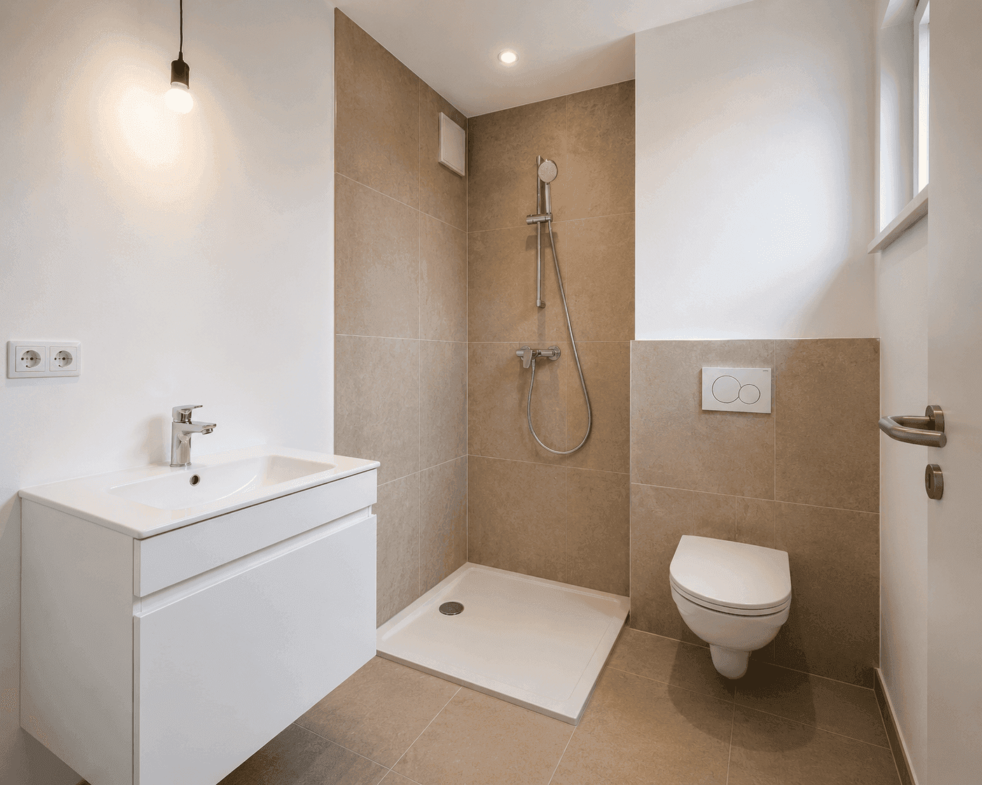 Modernes Badezimmer mit Dusche, Wand-WC und beigen Fliesen, funktional und hell.
