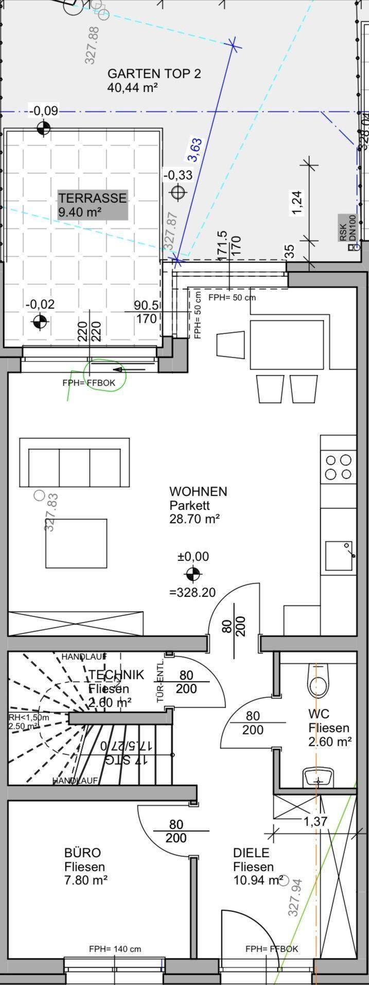 Grundriss für Gartenwohnung Top 2 mit offenem Wohnbereich, Terrasse und Garten.