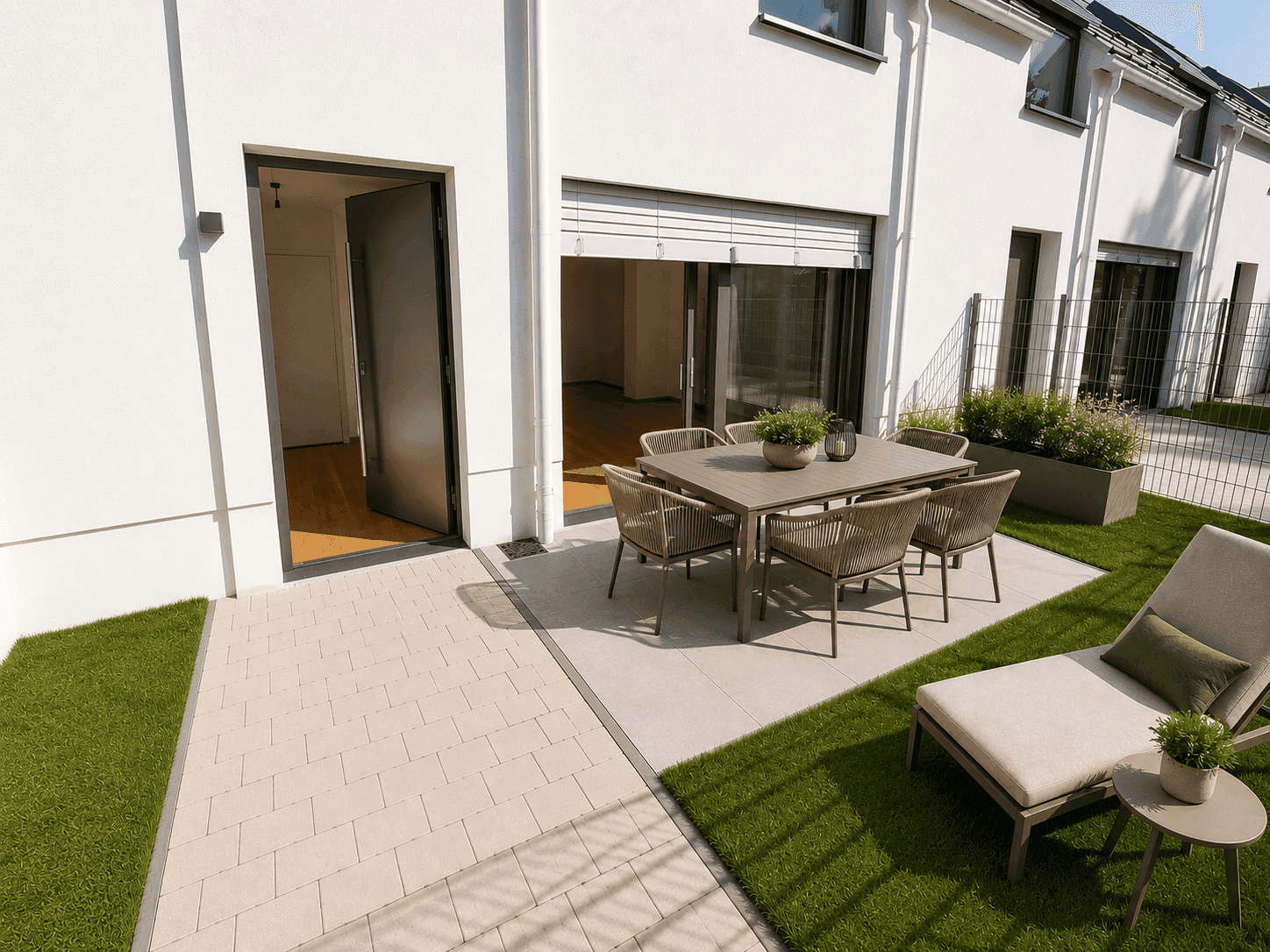 Möblierte Terrasse mit Kunstrasen und Essbereich im Freien, ideal für entspannte Stunden unter blauem Himmel.