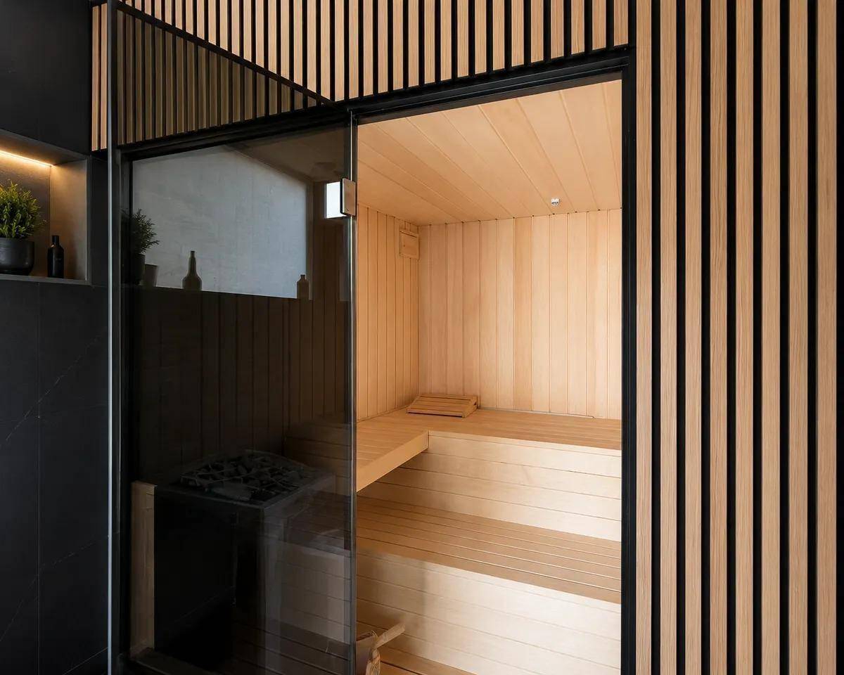 Moderne Sauna mit Holzverkleidung und Glastür, Teil eines Wellnessbereichs.