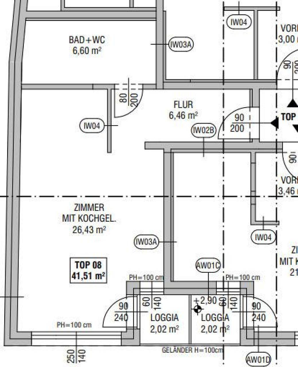 Detaillierter Grundriss einer Wohnung mit Zimmer, Bad, WC und zwei Loggien.