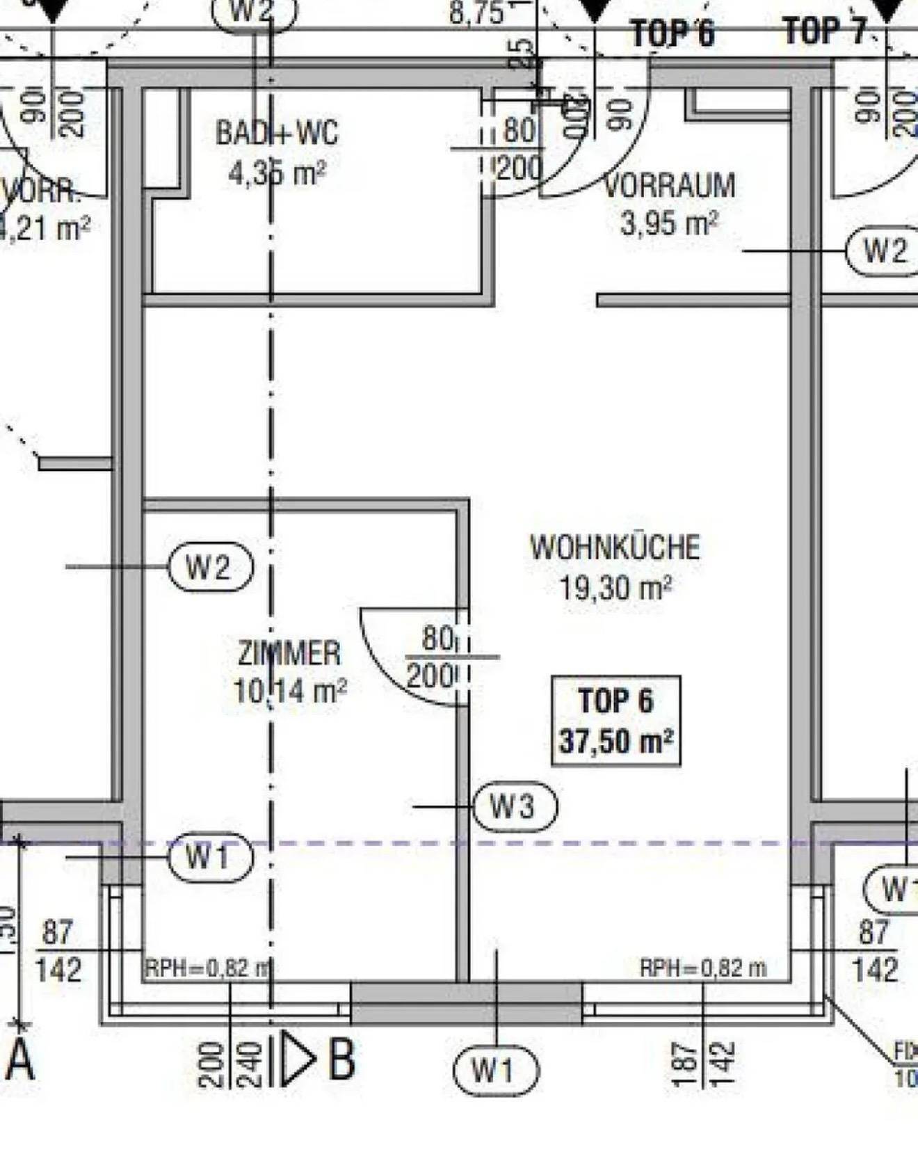 Grundriss der Wohnung TOP 6 mit Wohnküche, Zimmer und Bad.