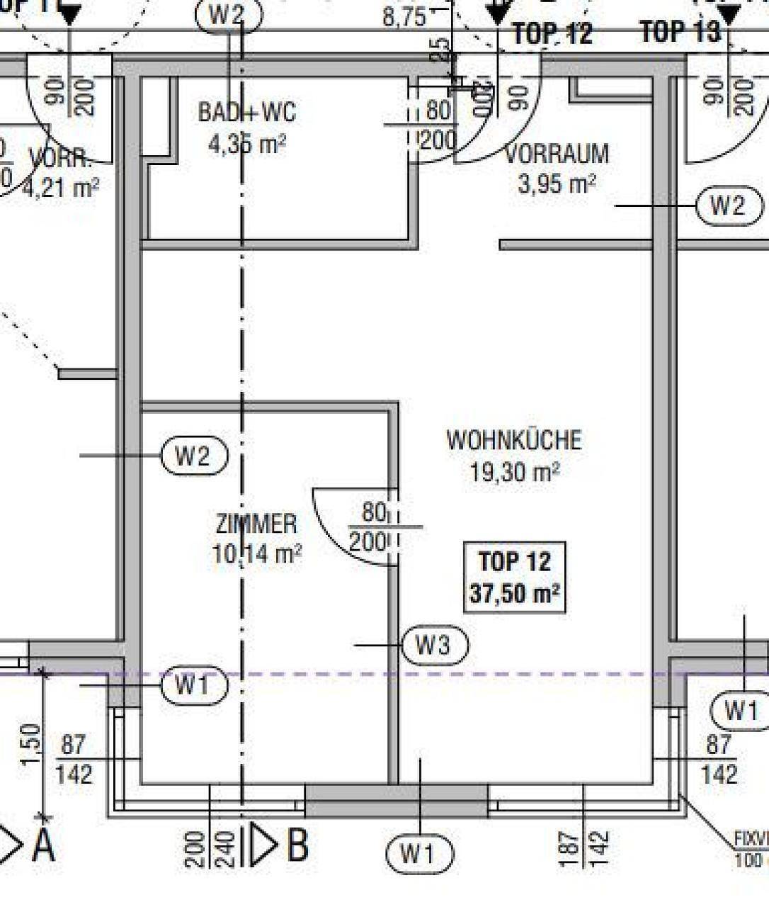 Grundrissplan einer Wohnung mit Wohnküche, Bad und separaten Zimmern.