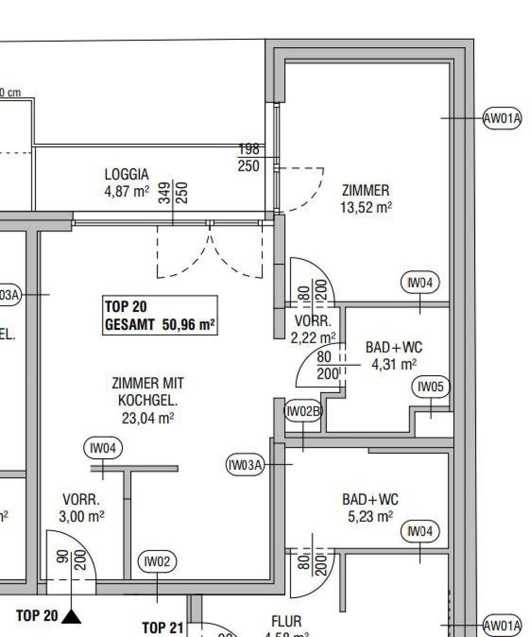 Grundriss zeigt eine Wohnung mit Loggia, Zimmern und zwei Bädern auf 50,96 m².