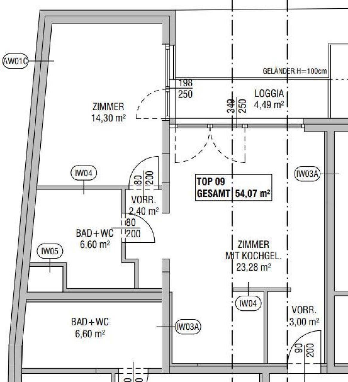 Grundriss einer Wohnung mit Loggia, Zimmern und Bad, Gesamtfläche 54,07 m².