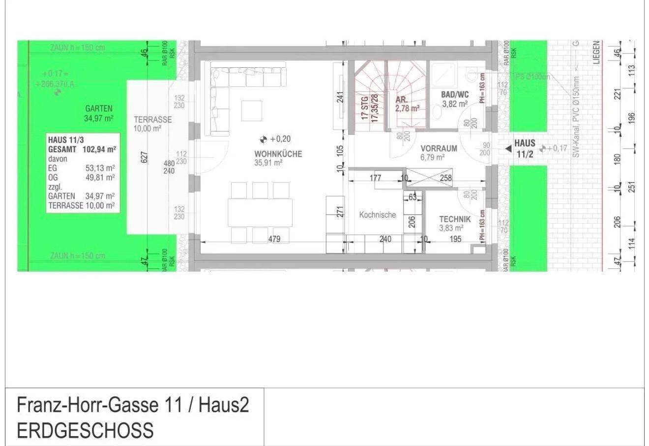 Grundriss des Erdgeschosses von Haus 11/3 mit Wohnküche, Terrasse und Garten.