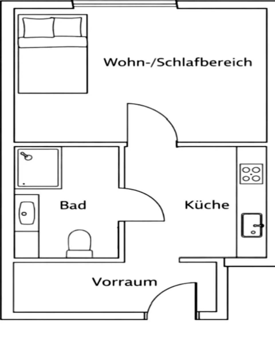 Grundriss einer kleinen Wohnung mit Wohn-/Schlafbereich, Bad, Küche und Vorraum.