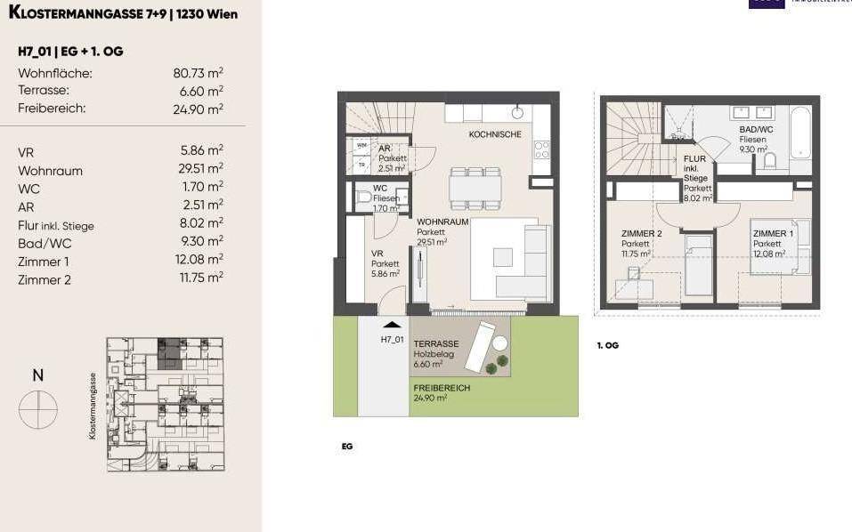 Grundriss einer Maisonette-Wohnung über zwei Etagen mit Terrasse und Garten.