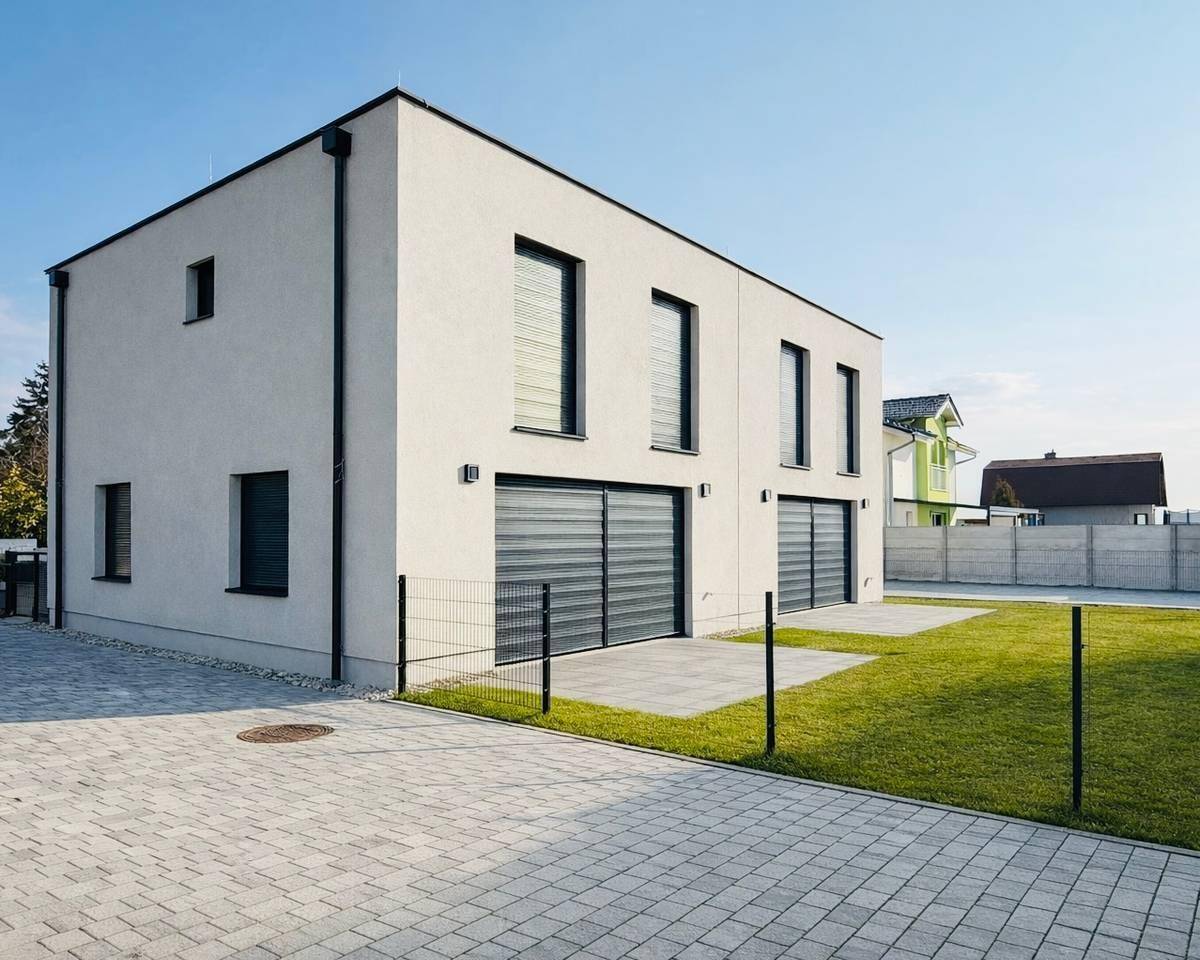 Moderne Doppelhaushälfte mit weißer Fassade, großen Fenstern und Garagentoren.