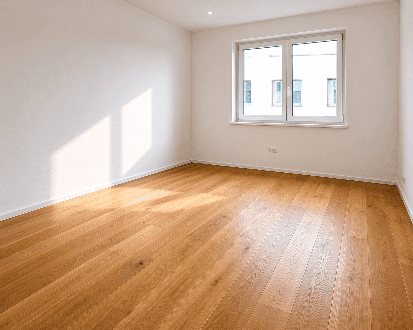 Helles, leeres Schlafzimmer mit Eichenparkett und großem Fenster, ideal für individuelle Einrichtung.