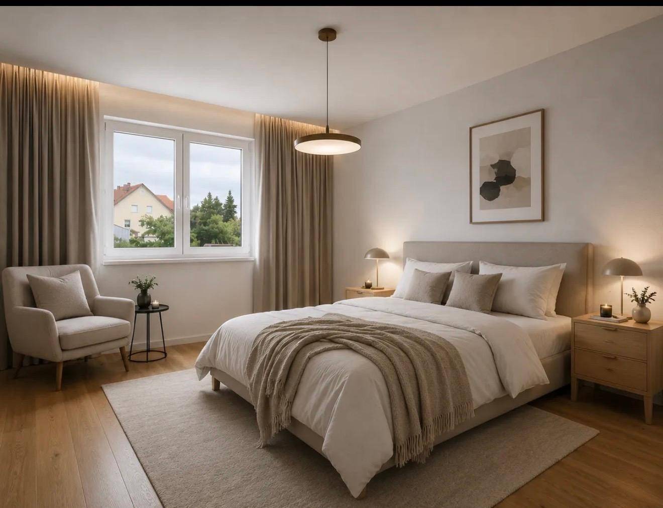 Gemütliches Schlafzimmer mit Doppelbett, Nachttischen und Vorhängen, gut beleuchtet.