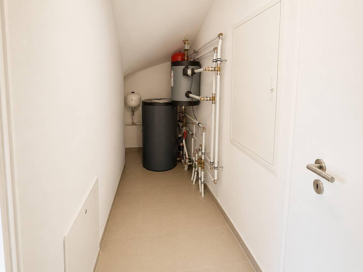 Heller Technikraum mit Warmwasserspeichern und sichtbaren Rohrleitungen, ideal für Haustechnik.