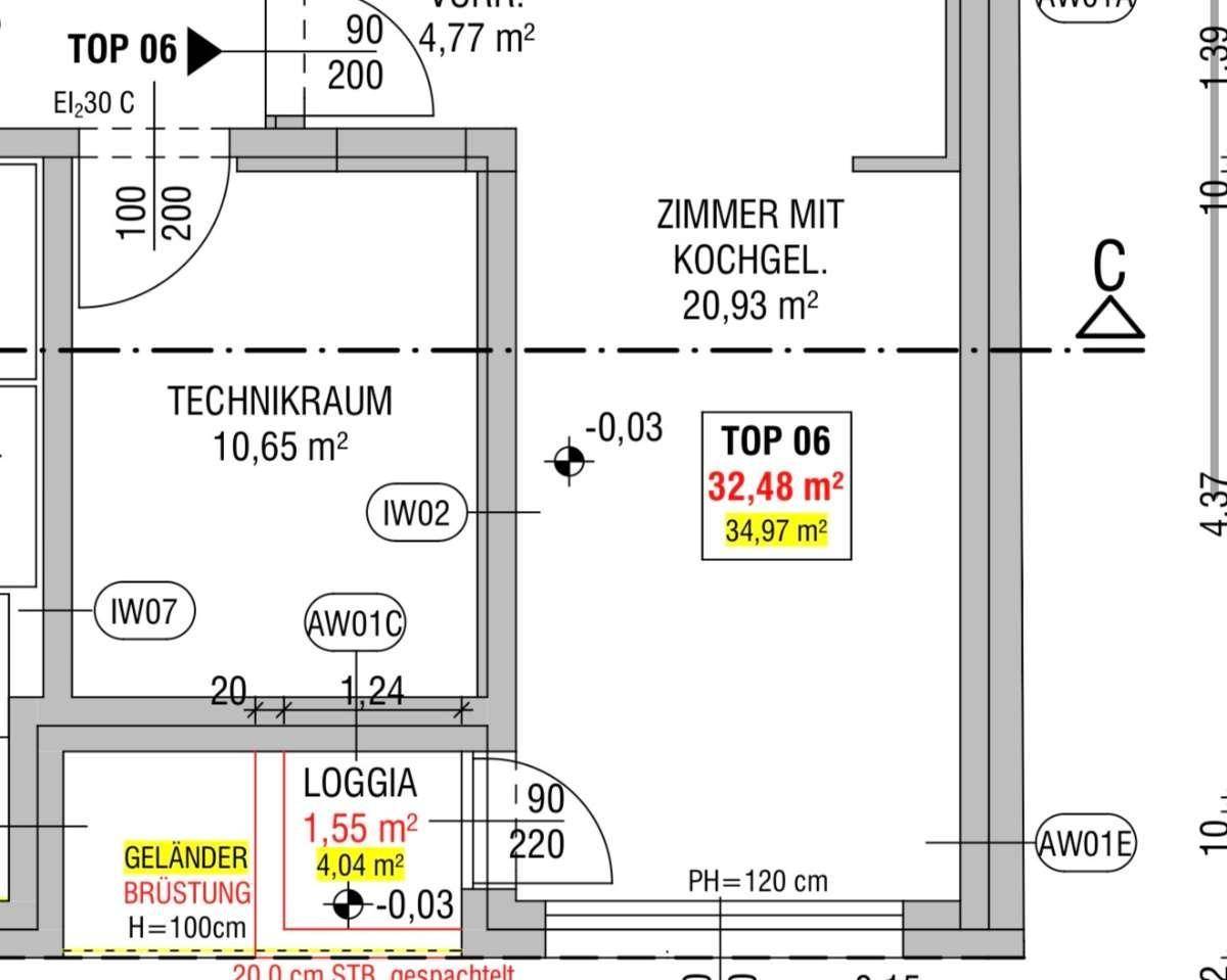 Detaillierter Grundriss einer Wohnung mit Zimmer, Kochgelegenheit und Loggia.
