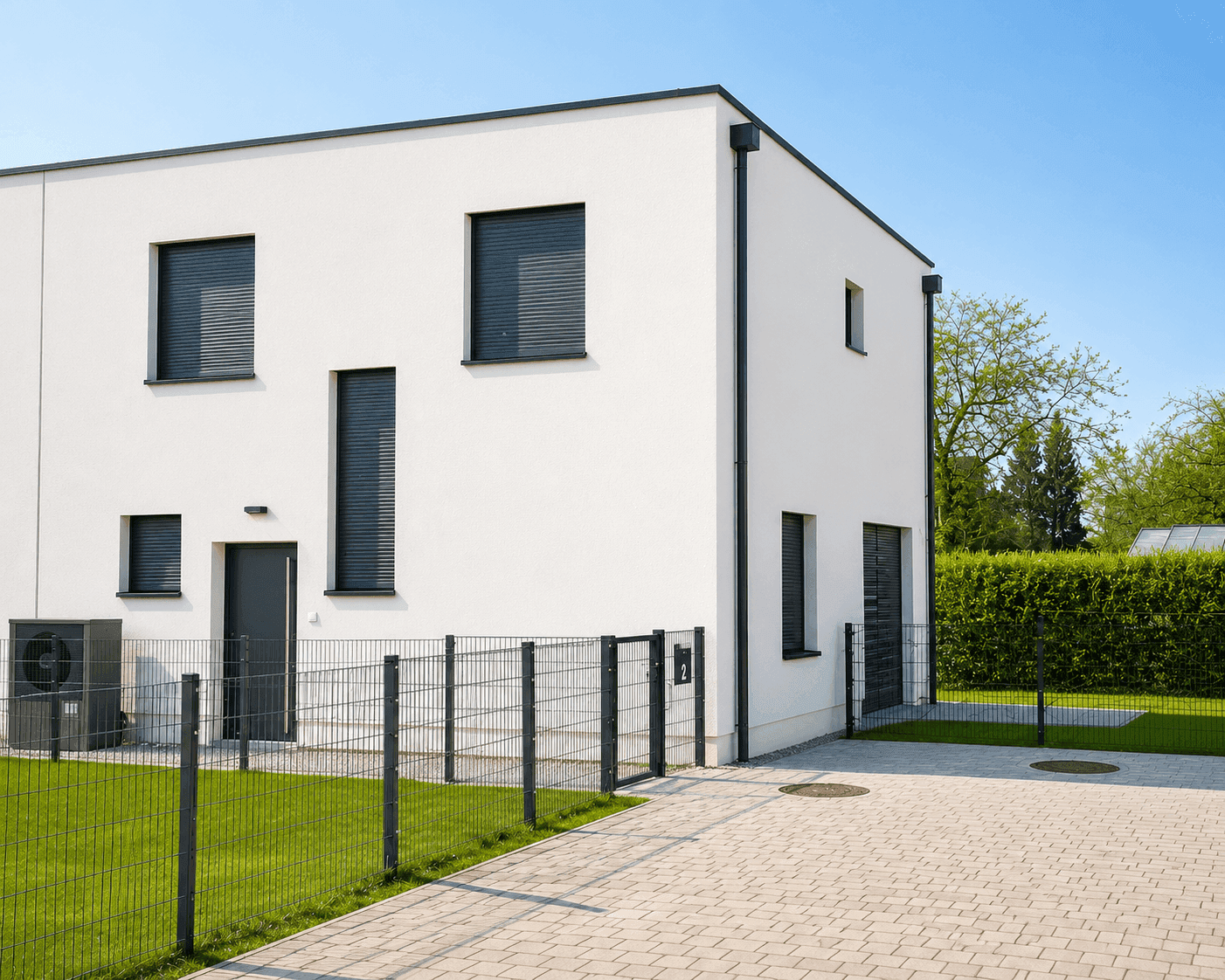 Modernes Einfamilienhaus mit weißer Fassade, Wärmepumpe und gepflegtem Vorgarten.