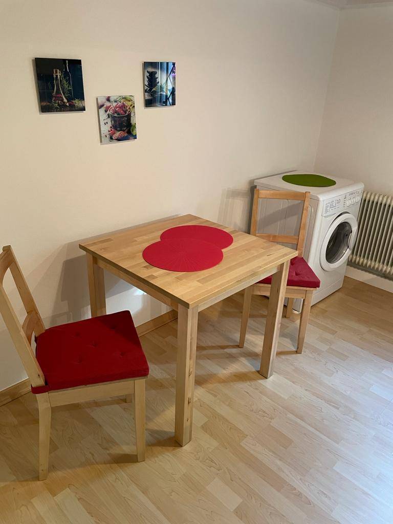 Essbereich mit Holztisch, roten Stühlen und einer Waschmaschine in der Nähe.