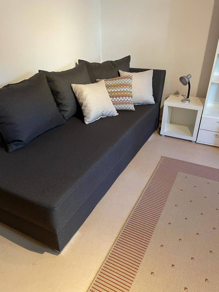 Gemütliches Schlafzimmer mit dunkelgrauem Schlafsofa, Kissen und einem gemusterten Teppich.