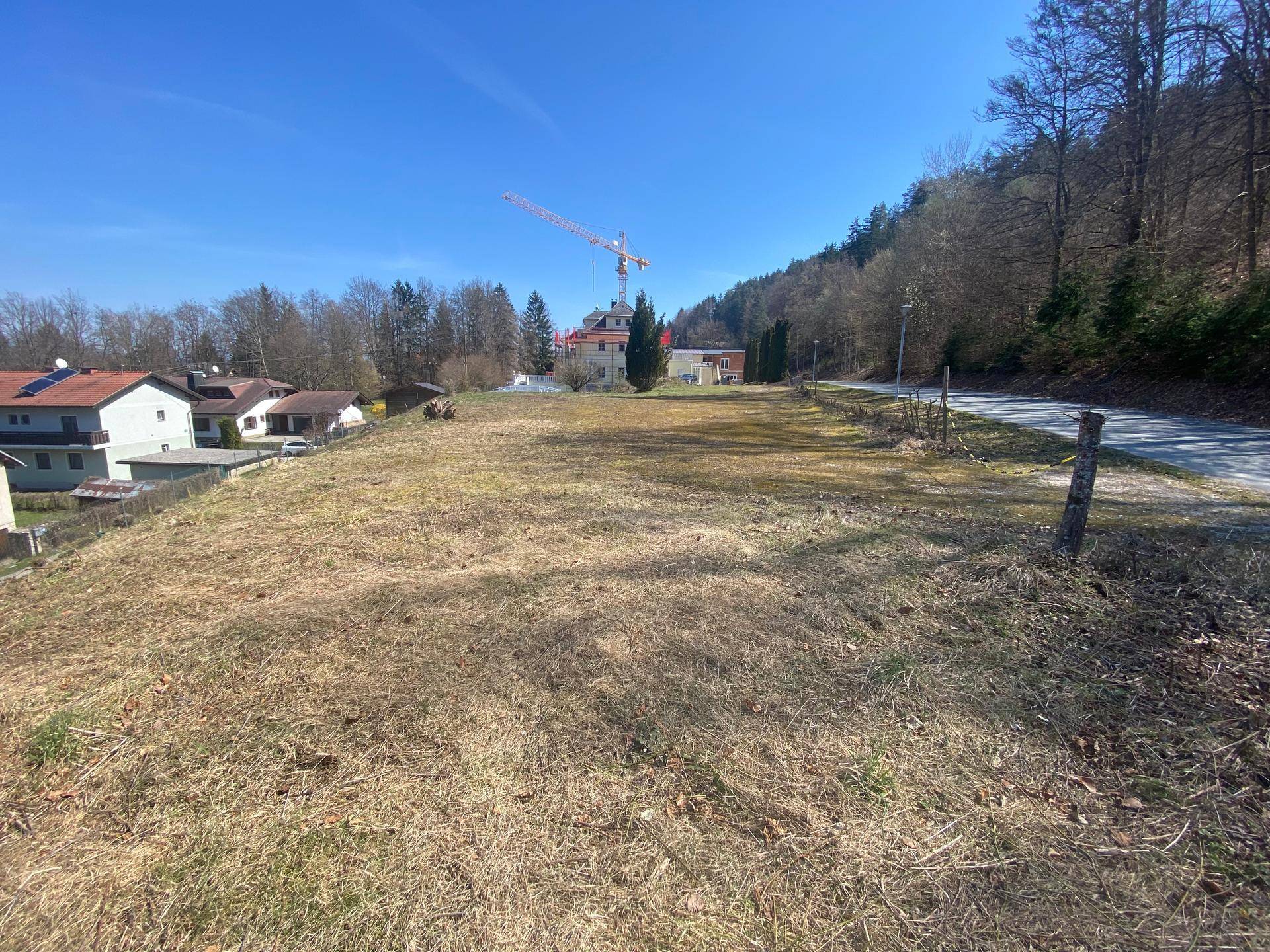 Großes Grundstück mit leichter Hanglage und Blick auf eine Baustelle mit Kran im Hintergrund.