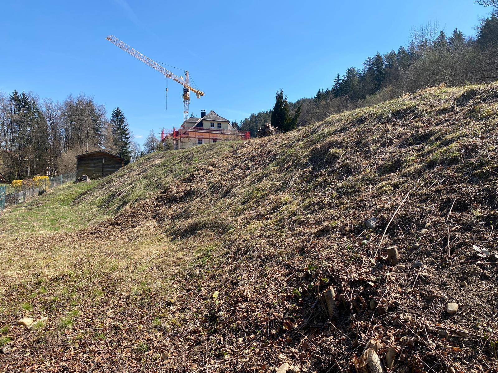 Hanglage des Grundstücks mit Blick auf eine Baustelle und den angrenzenden Wald unter blauem Himmel.