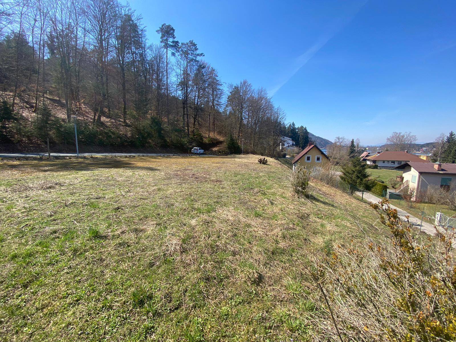 Weitläufiges Wiesengrundstück mit Blick auf die umliegende Natur und einige Wohnhäuser in der Ferne.