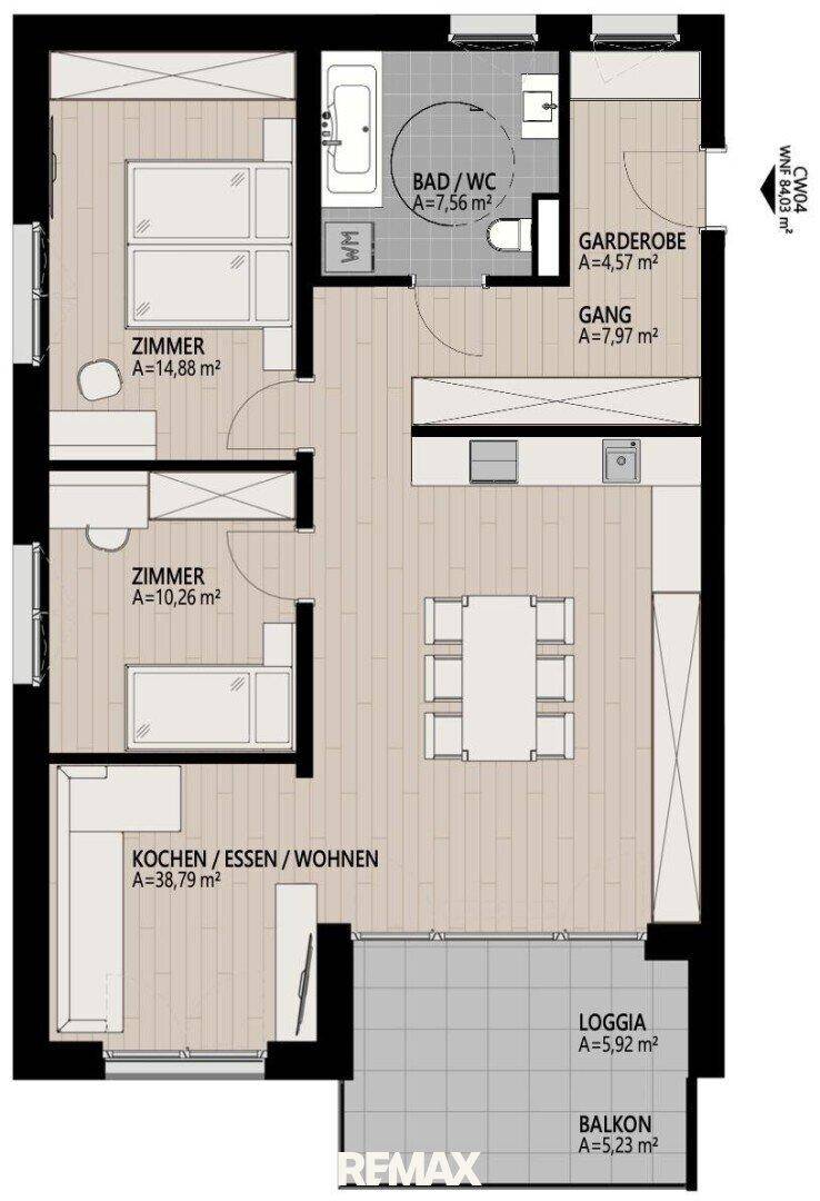Detaillierter Grundriss der Wohnung TOP CW04 mit Loggia und Balkon.