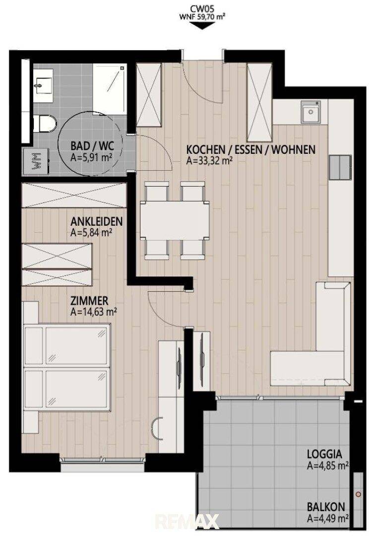 Grundriss einer Wohnung mit offenem Wohnbereich, Schlafzimmer, Bad und Außenbereichen.