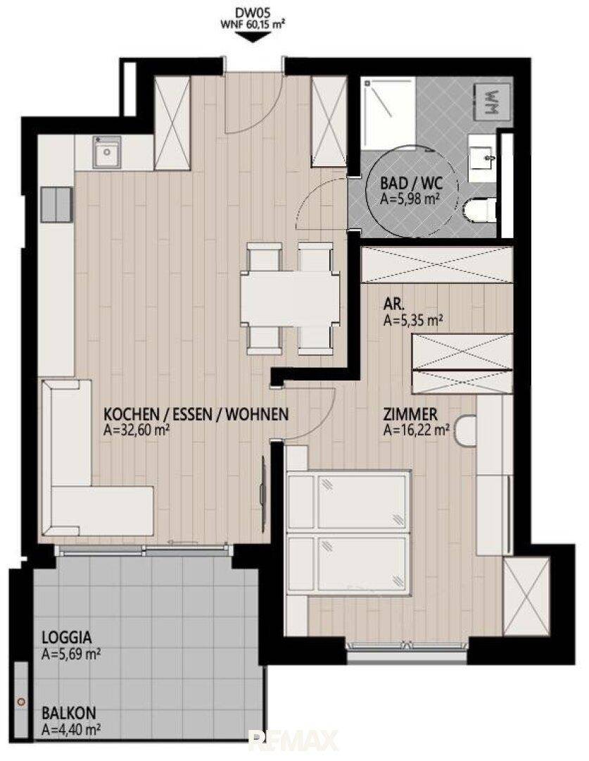Grundriss der Wohnung mit offenem Wohnbereich, Schlafzimmer, Bad und Loggia.