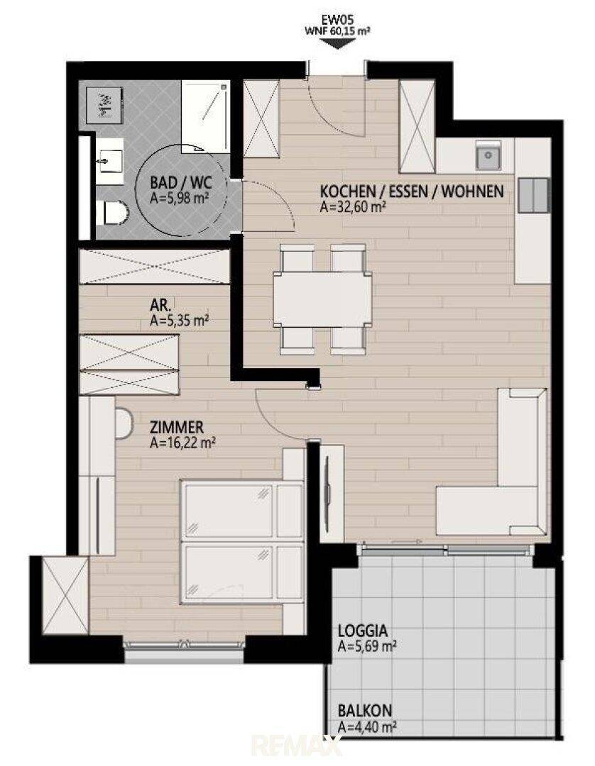 Grundriss der Wohneinheit TOP EW05 mit offenem Wohnbereich, Balkon und Loggia.
