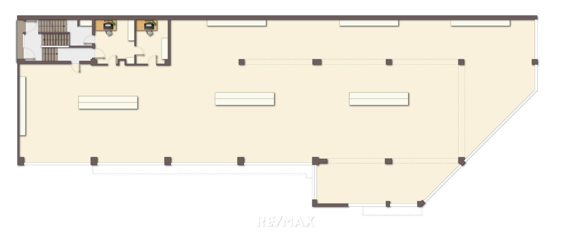 Grundriss eines großen Gewerbebereichs mit mehreren Säulen und einem separaten Sanitärbereich.